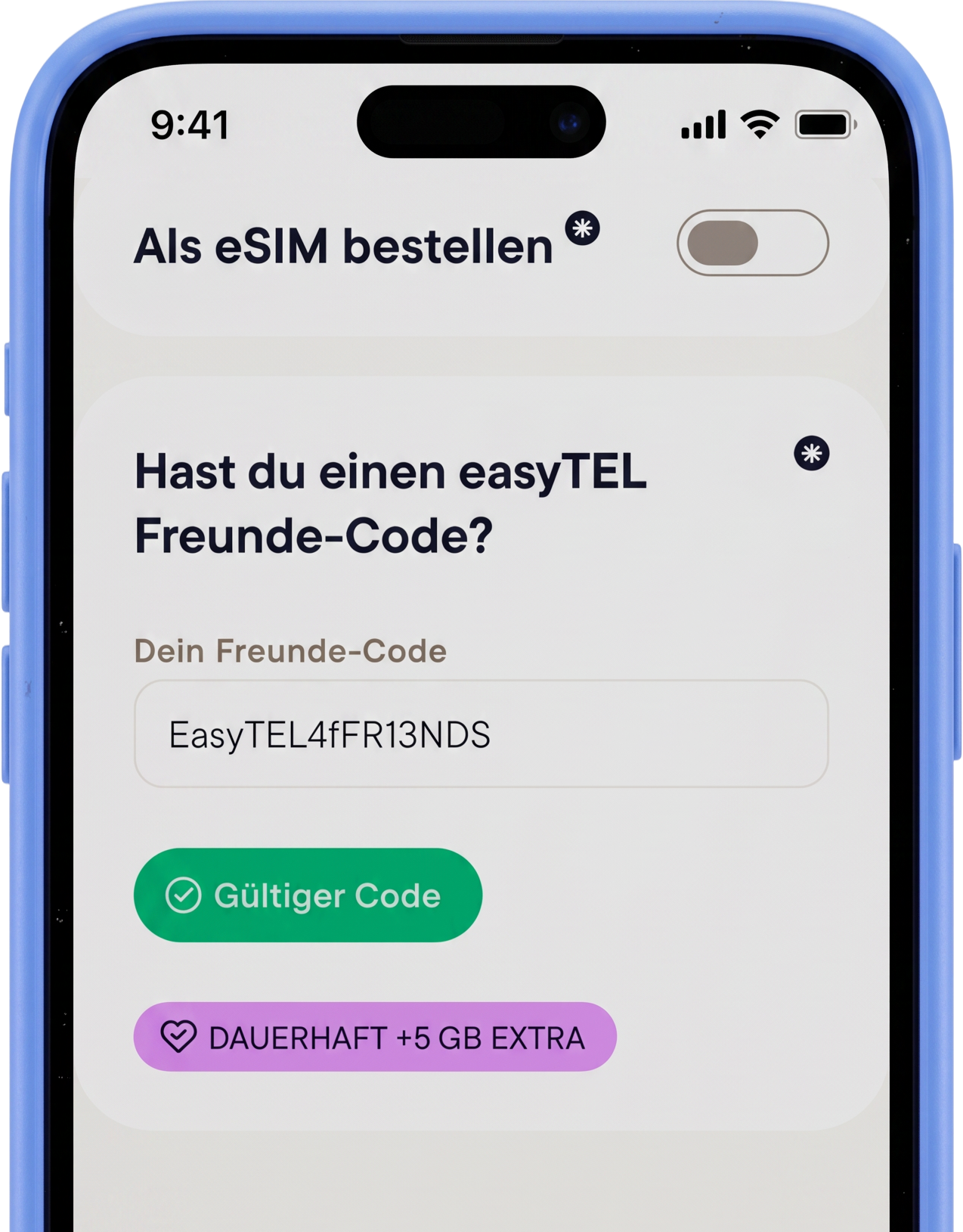 Smartphone zeigt ein Formular zur eSIM-Bestellung mit Freunde-Code