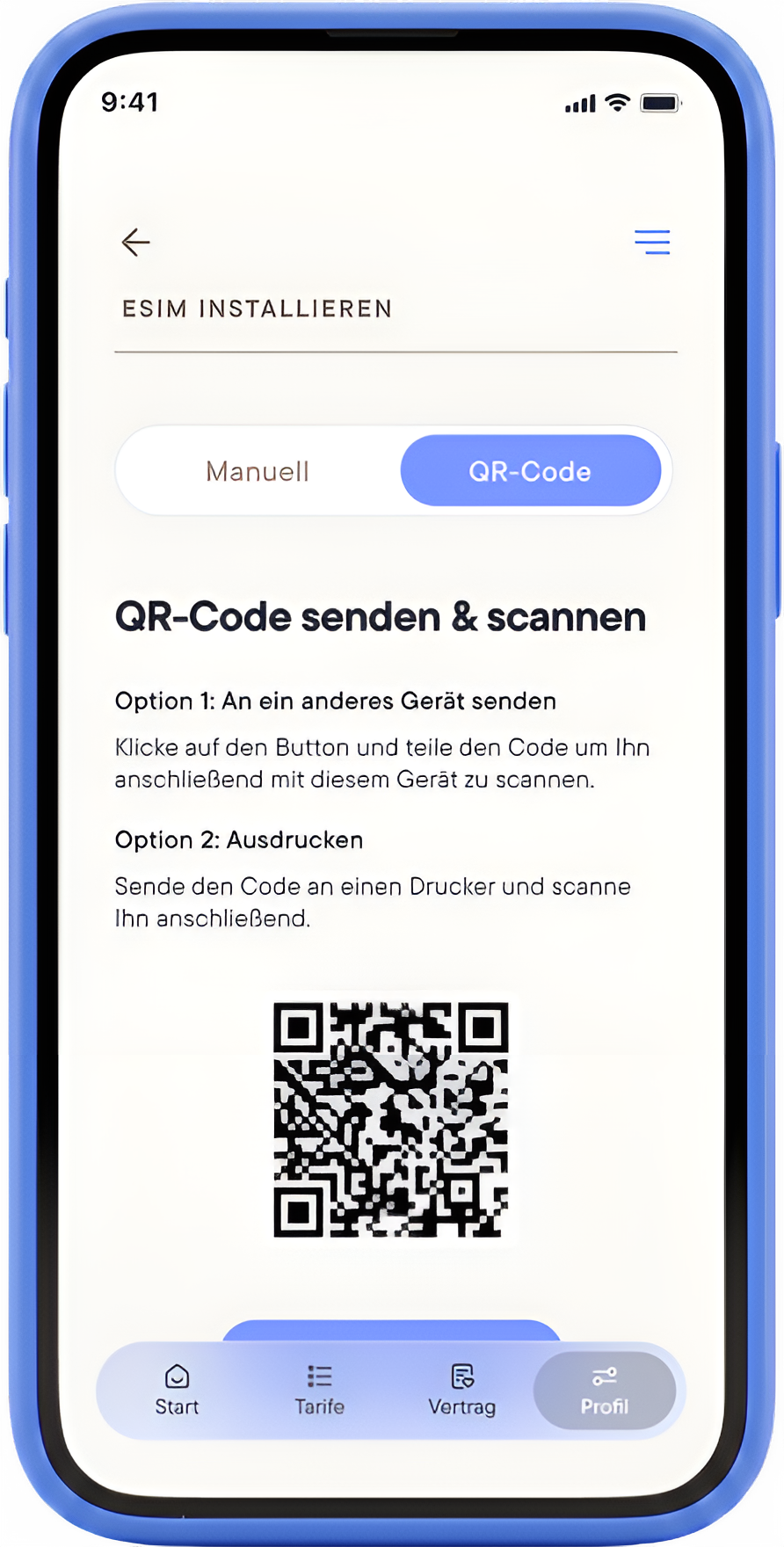 Smartphone zeigt die eSIM-Installation per QR-Code in einer App